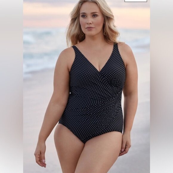 Miraclesuit Oceanus Faux Wrap Drape PinPoint Polka Dot Shaping Swim Slimming  16 - Picture 1 of 16